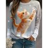 Tops for Women Cat Print Round Neck Long Sleeve T-shirt Fall Casual Slim Pullover Women's Long Sleeve Top