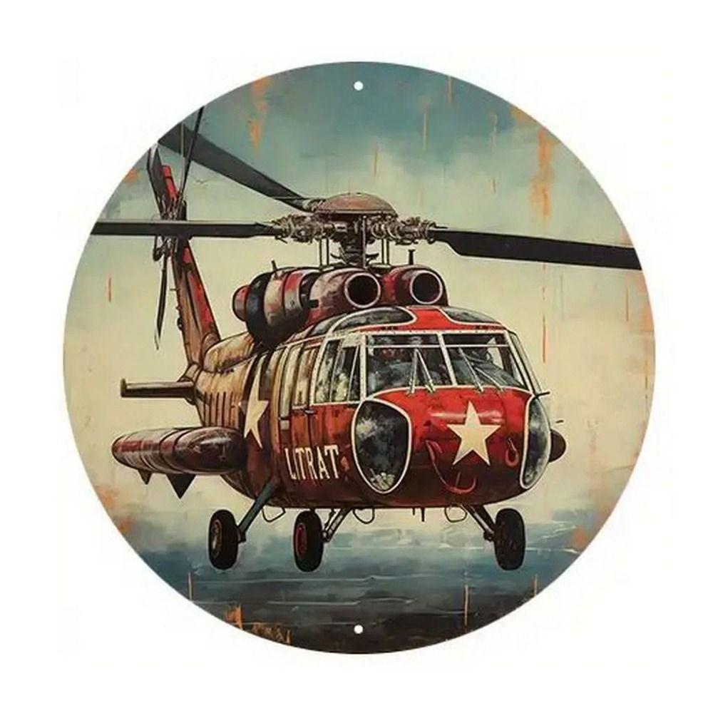 Retro Round Metal Sign Flat Fighter Plane 20x20cm