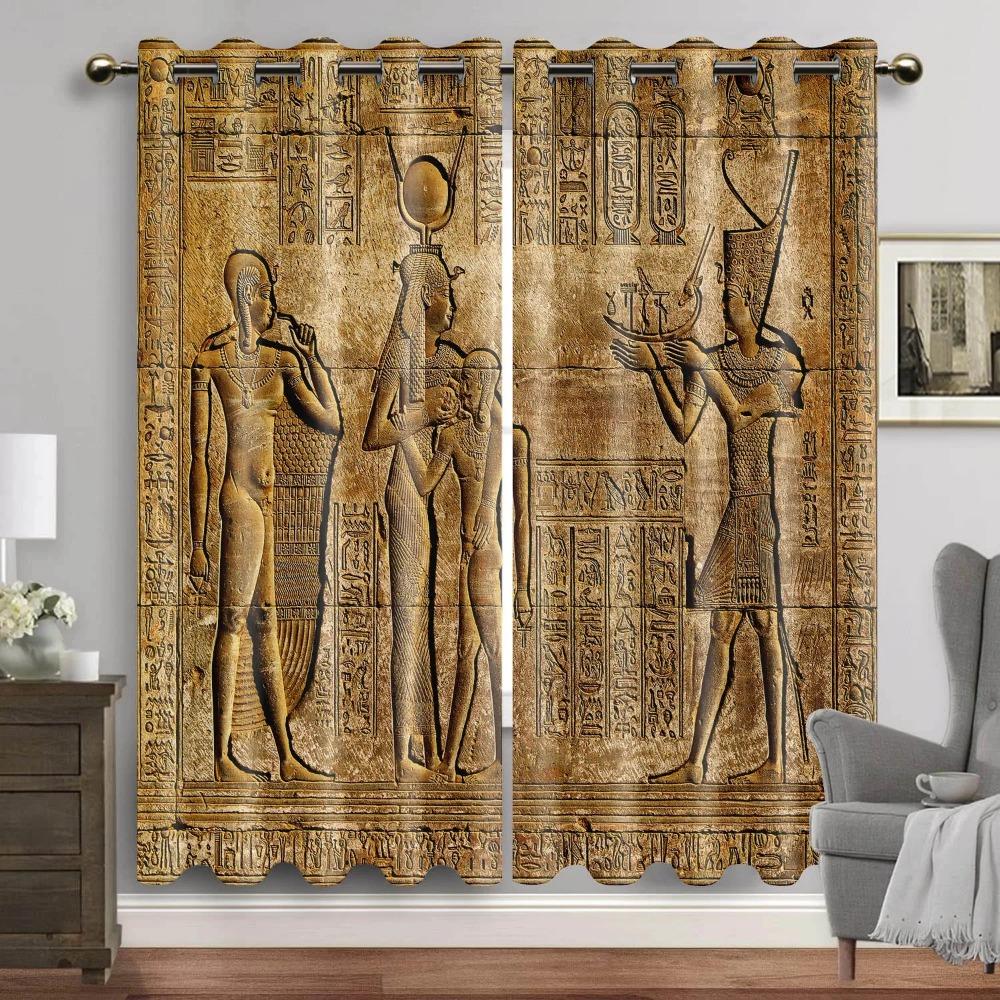 Egyptian Window Panel Drapes designed for Living Room Room Egypt Hieroglyphics Old Logographic Details and Alphabetic Elements Window Drapes 2 pcs
