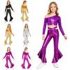 Kids Girls Jazz Dance One Shoulder Long Sleeve Sequins Crop Top with Cross Waistband Metallic Flared Pants for Stage Performance Competition