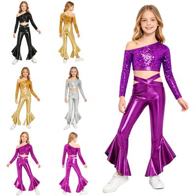 Kids Girls Jazz Dance One Shoulder Long Sleeve Sequins Crop Top with Cross Waistband Metallic Flared Pants for Stage Performance Competition
