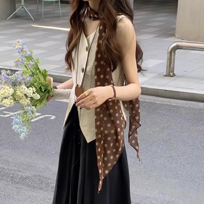 

Women s French Retro Brown Polka Dot Silk Scarf – Lightweight Summer Neckwear