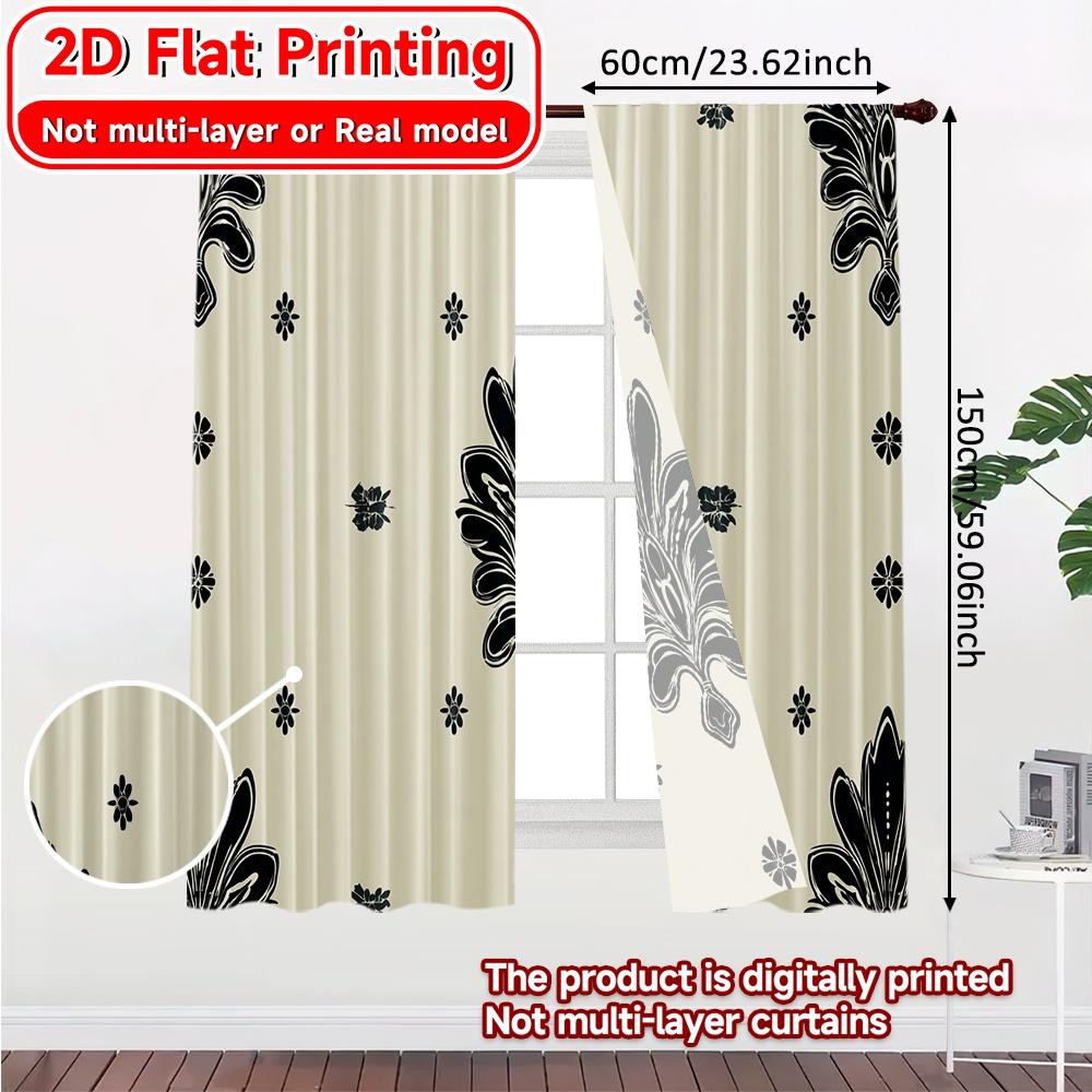 Set Of 2 Elegant Flat Printing Curtains Without Rod Black Floral Design Modern Fashionable Curtainments During Women Is Day Curtain Made Polyester