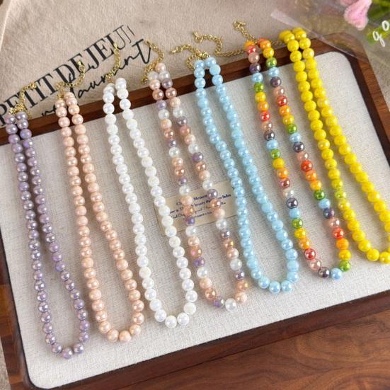 Colorful Beaded Choker Pearlescent Round Bead Necklace Boho Beaded Necklace Jewelry for Women Holiday Summer Beach Vacation