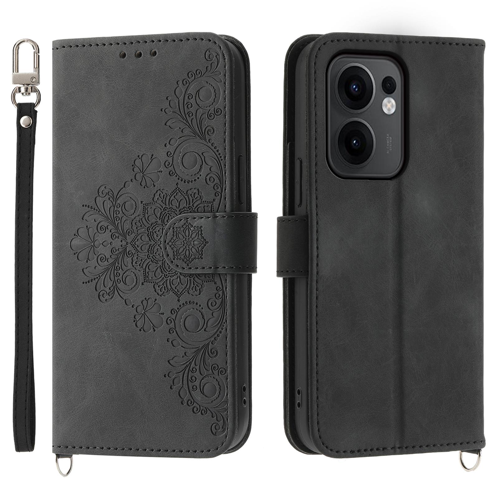 

For Oppo Reno13 F 5G Case Flower Pattern PU Leather Wallet Phone Cover with Strap Black