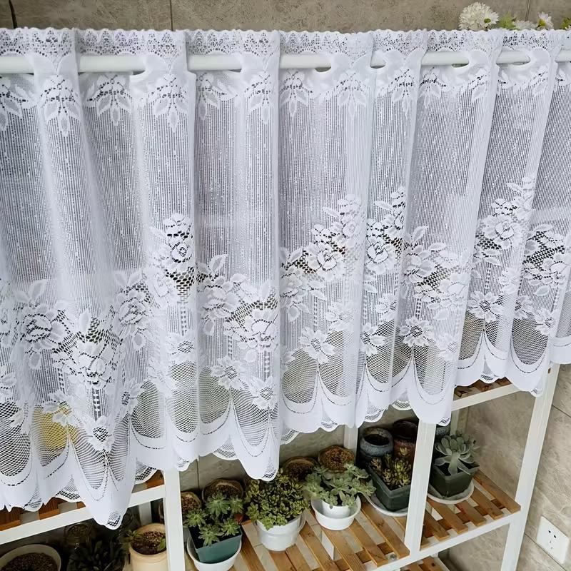 1pc Floral Embroidered Lace Curtain Rod Pocket Sheer Short Valance, Bathroom Small Window Cabinet Cover Dustproof Half Curtains