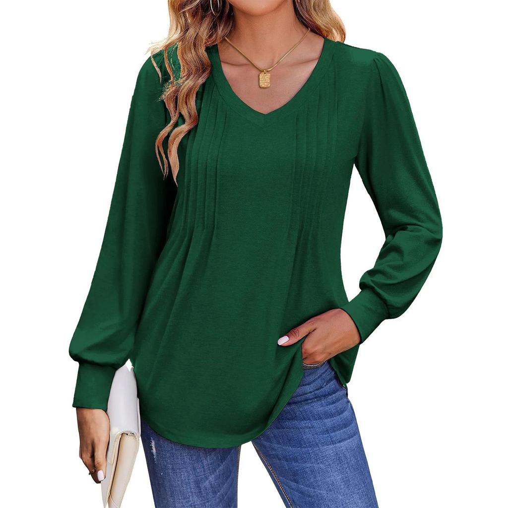 Women's T-shirt Solid Color V Neck Long Sleeve Top