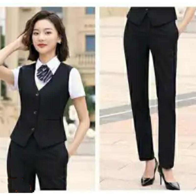 Costume Formel Quatre Saisons pour Femmes Couleur Unie Simple Veste Sans Manches Boutonnage Simple + Pantalon de Costume Coupe Slim Vêtement de Travail Costume Deux Pièces