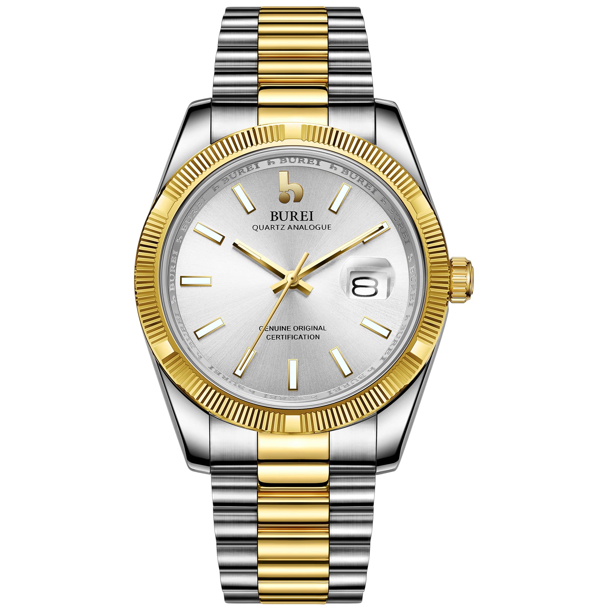 

BUREI Men s Luxury Analog Quartz Watch with Silver Dial, Calendar Display, Sapphire Crystal Lens, and Two-Tone Stainless Steel Band