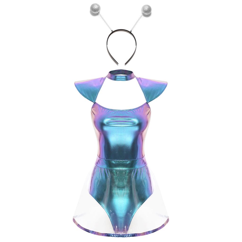 Dámský kostým s mimozemskou tématikou Design s volánovými rukávy Vykrojené kalhotky PVC sukně Jednodílné body Čelenka do vlasů