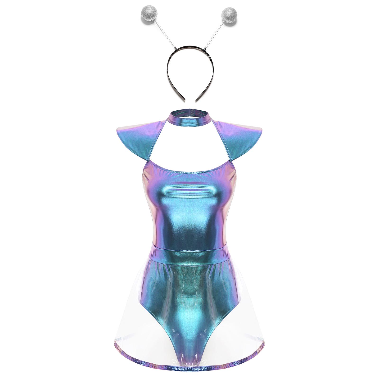 

Жіночий костюм на тему інопланетян Дизайн рукавів-крилець Вирізи Трусики ПВХ Спідниця Суцільний боді Обруч для волосся Пов язка на голову S синій