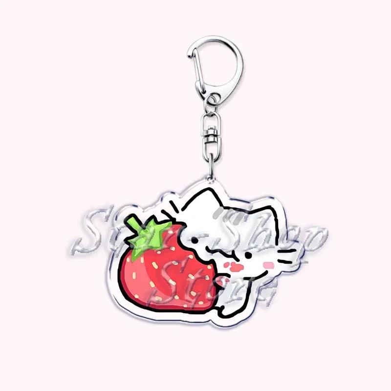 Kawaii Little Cat with Flower Keychains Strawberry Kitten Keyring for Accessories Bag Key Chain Ring Jewelry Fans Friends Gifts