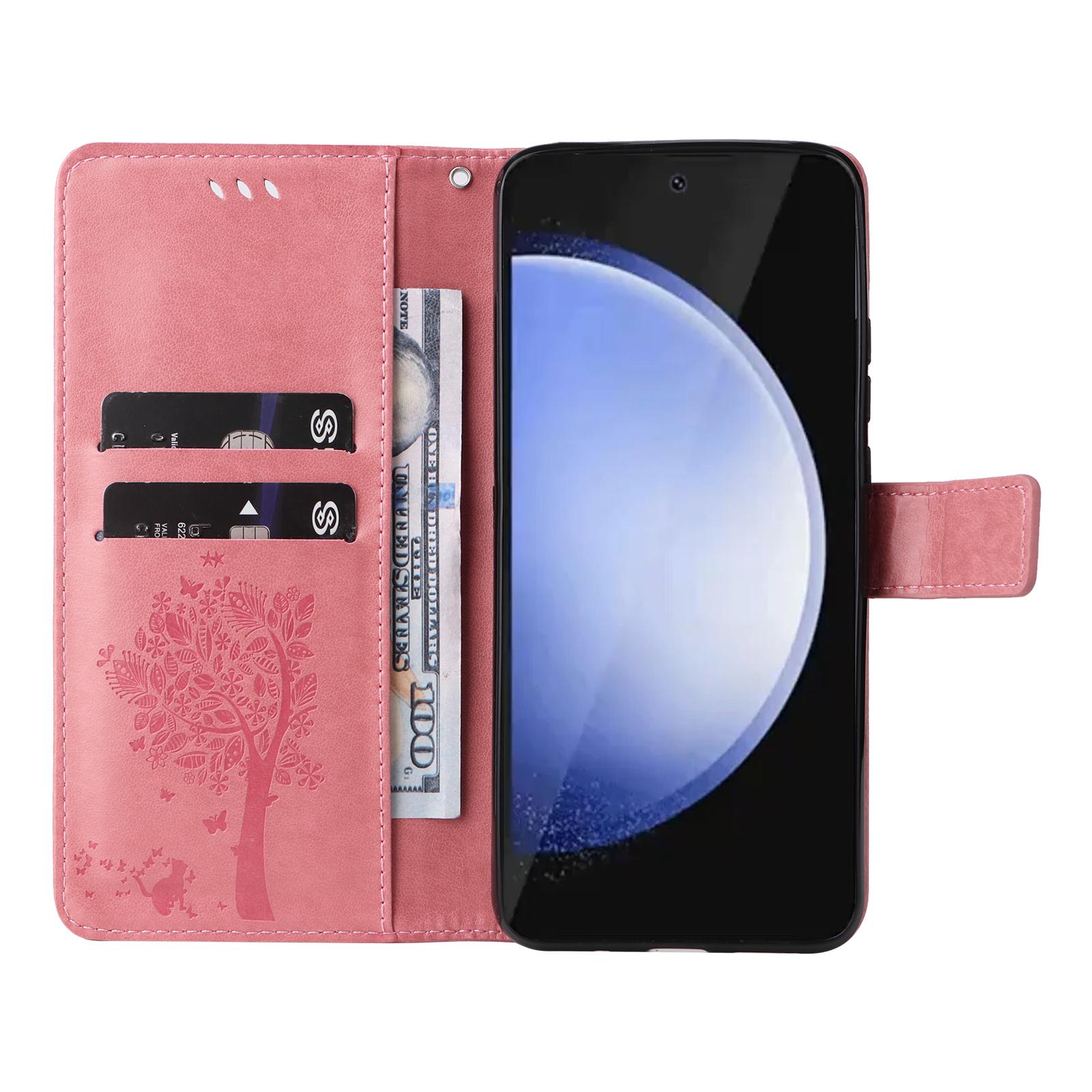 

For Samsung Galaxy S24 FE Phone Case with Stand Cat Tree Pattern Leather Wallet Mobile Cover Pink