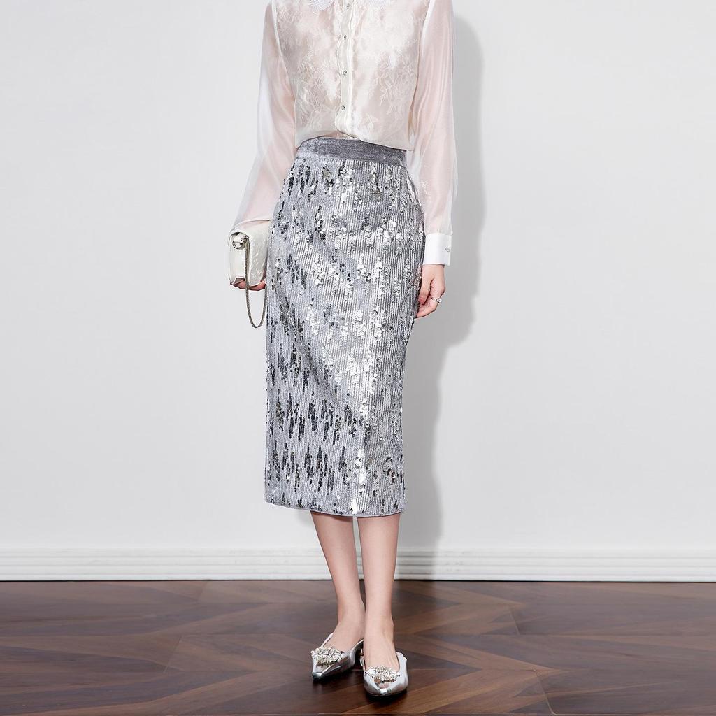 Dazzling Silver Sequin High-Waist Midi Skirt for Women - Autumn Fashion