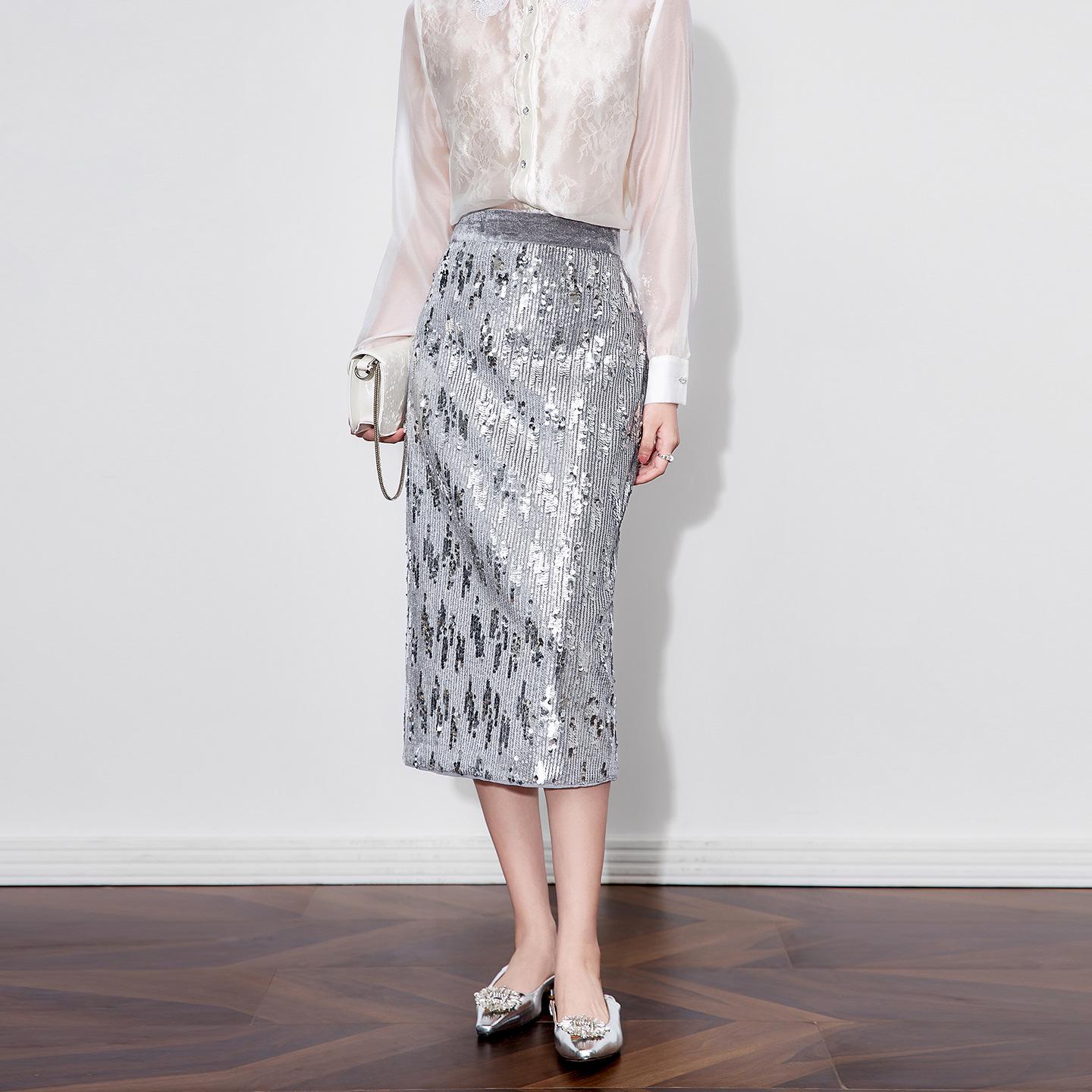 

Ослепительная серебристая юбка миди с пайетками и высокой талией для женщин - Осенняя мода L