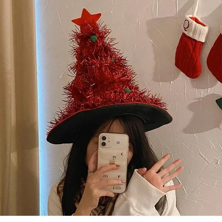 Red Christmas Tree Shape Hat Xmas Adult Kids Props Noel Hat Merry Christmas Decor 2025 Feliz Navidad Happy New Year 2026