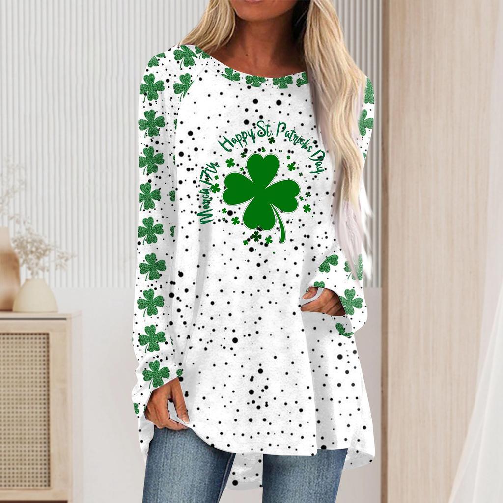 Fashionable Women's Casual Loose Round Neck Long Sleeved Saint Patrick Printed T-shirt Top