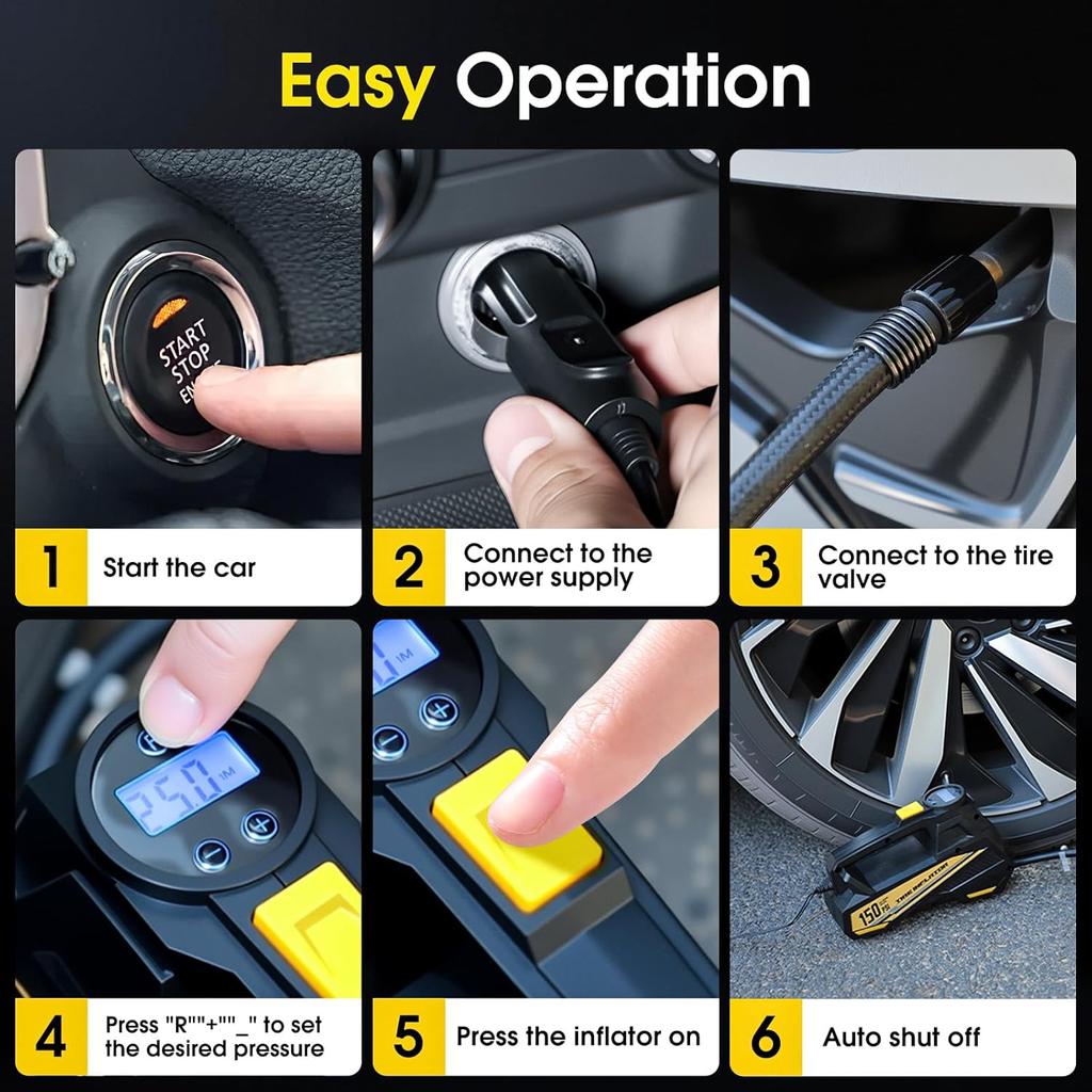 Tire Inflator Portable Air Compressor - DC 12V Air Pump for Car Tires with 150PSI LCD Digital Gauge & Emergency LED Light,Auto Tire Pump for Cars