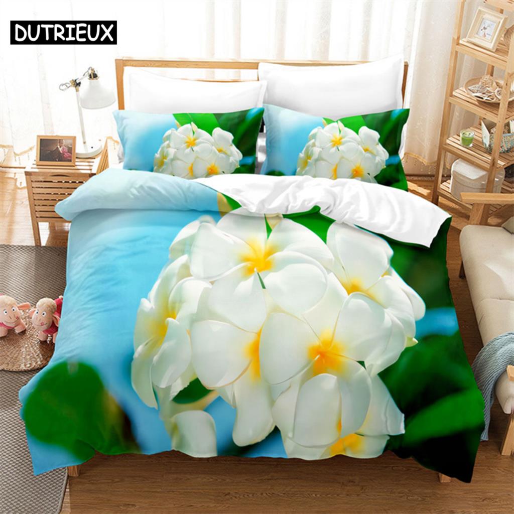 Flowers Green Leaves Queen Bedding Set Duvet Cover Bedroom Bed Set Comforter Cover Set King Size Duvet Cover Set Bedding Sets