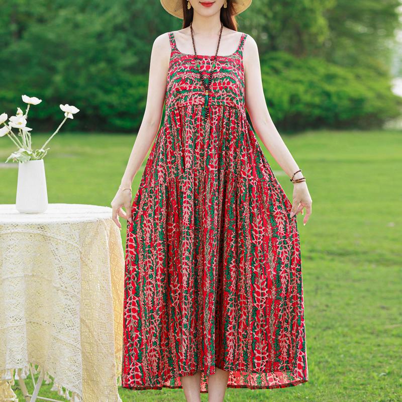 Elegant Sling Dress for Women Plus Size Casual Summer Long Dress Vintage Middle-aged Women's Clothing