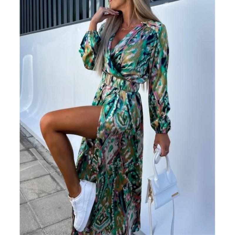 MODIQUE 2025 Summer New Women's Sexy Vintage Hot Floral Printing Waist Flowing Long Dress Ladies Folk Casual Long Sleeve Deep V-Neck Dress