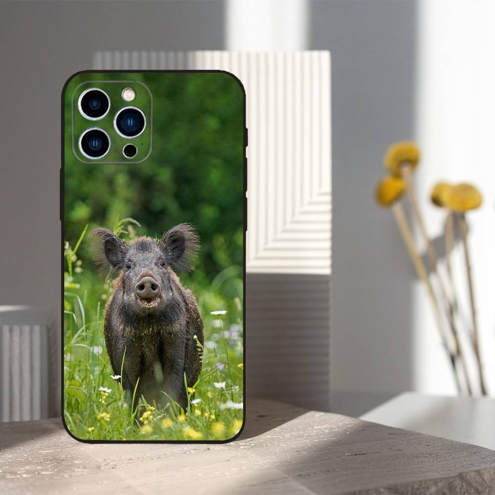 Cute Wild Boar Animal For iPhone 8,7,11,12,15,14,13,16,17,Plus,Pro Max,XS,X,XR,SE,Mini,Soft Silicone Black Case