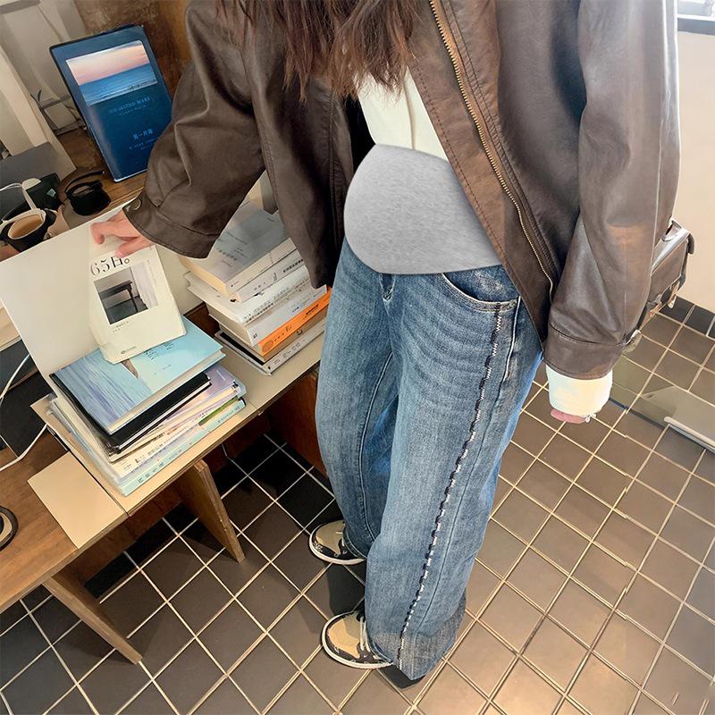 

8503# Maternity Embroidered Denim Loose Wide-leg and Straight-leg Belly-support Pants for Spring and Autumn XL