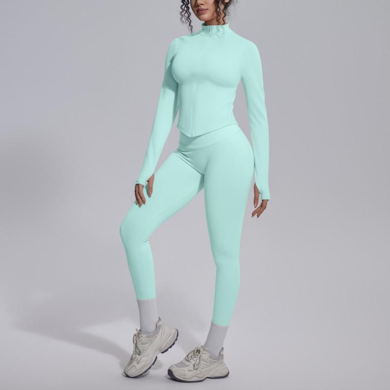Seamless Yoga Workout Set Zip Jacket Sports Bra V-Waist Shorts Leggings Gym Fitness Outfit