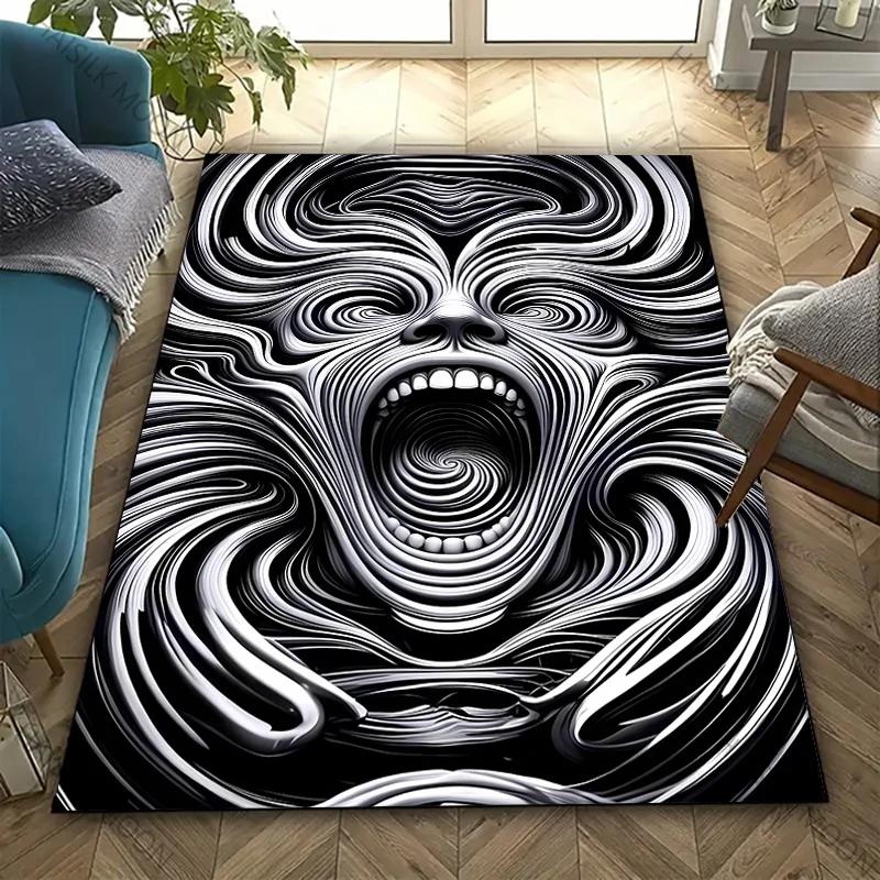 1PC Human Face Black and White Distorted Visual Abstract Art Carpet Rug for Bedroom Decor Playroom Living Room Sofa Mat Gifts