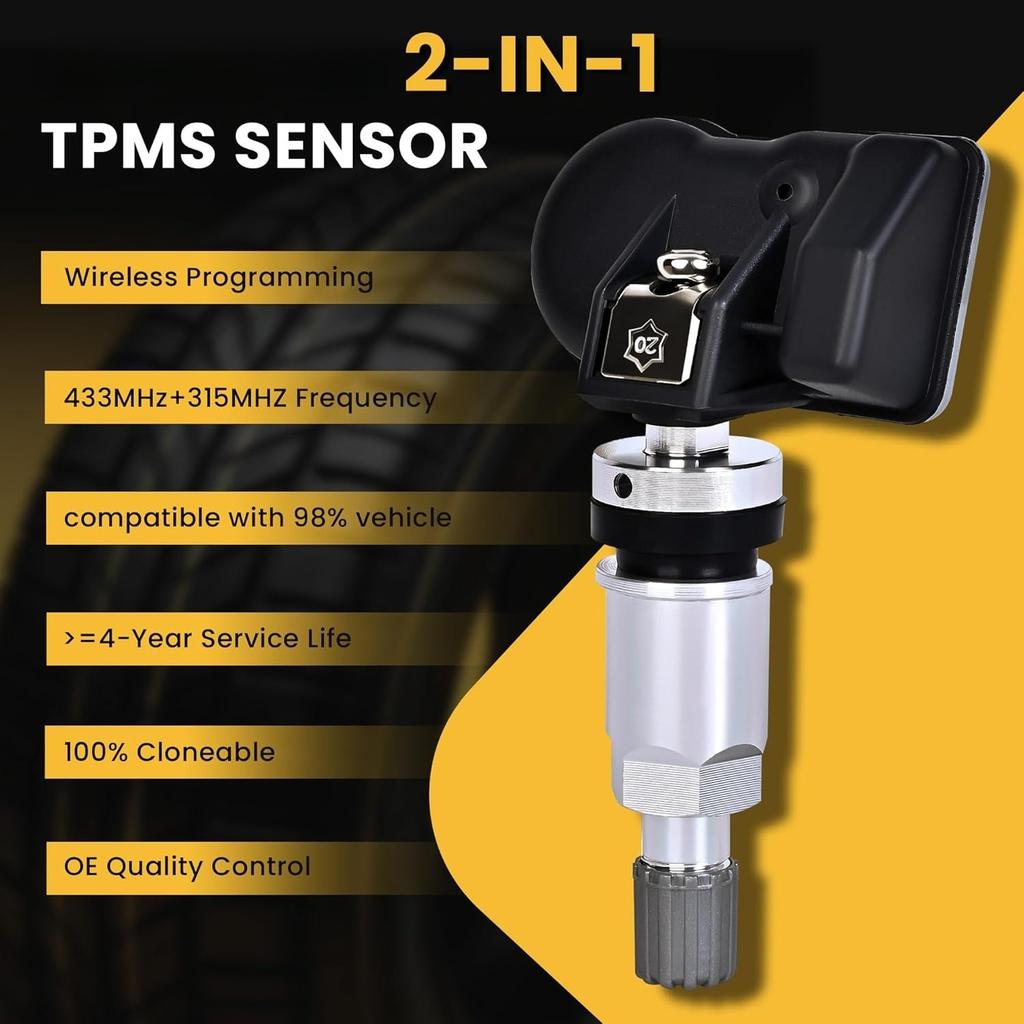 Universal TPMS Sensor 315MHz+433MHz, Tire Pressure Monitoring Sensor Programmable Compatible with TPMS Tool TS408 TS508, Replaceable Metal Valve Stem