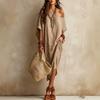 Dámské jednobarevné off-shoulder maxi šaty s netopýřími rukávy a rozparkem, volné, lněné, boho, na dovolenou, dlouhé šaty