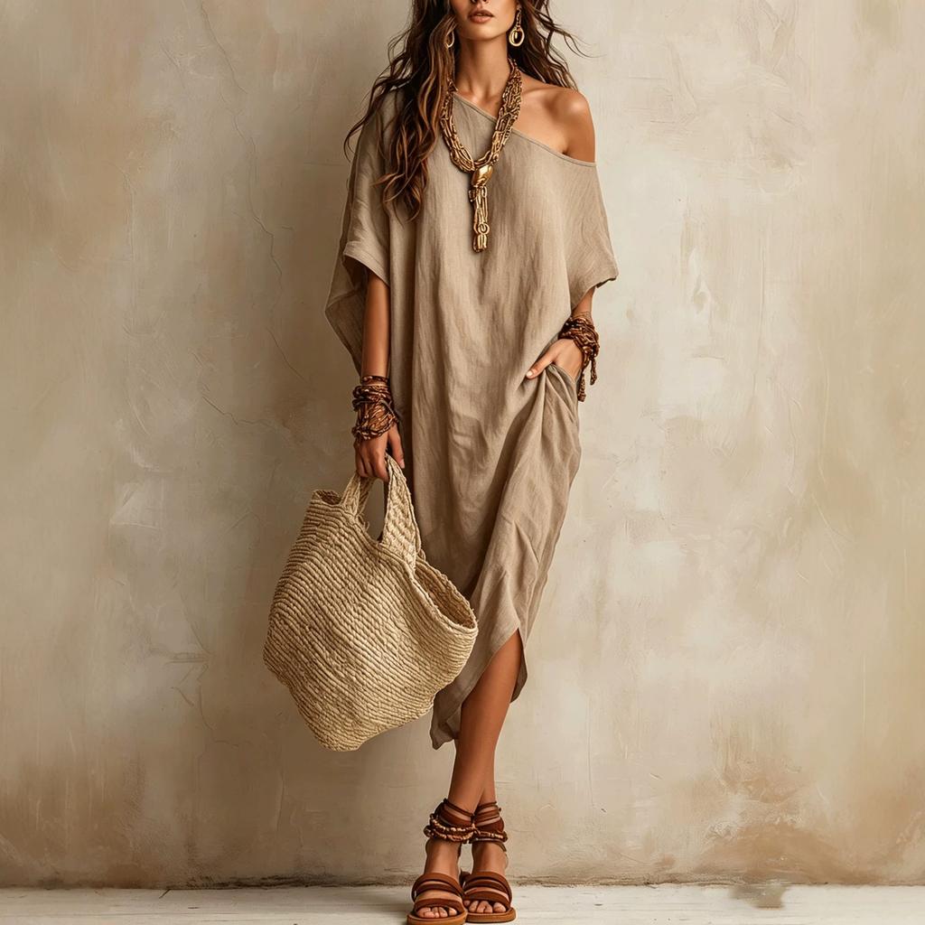 Dámské jednobarevné off-shoulder maxi šaty s netopýřími rukávy a rozparkem, volné, lněné, boho, na dovolenou, dlouhé šaty