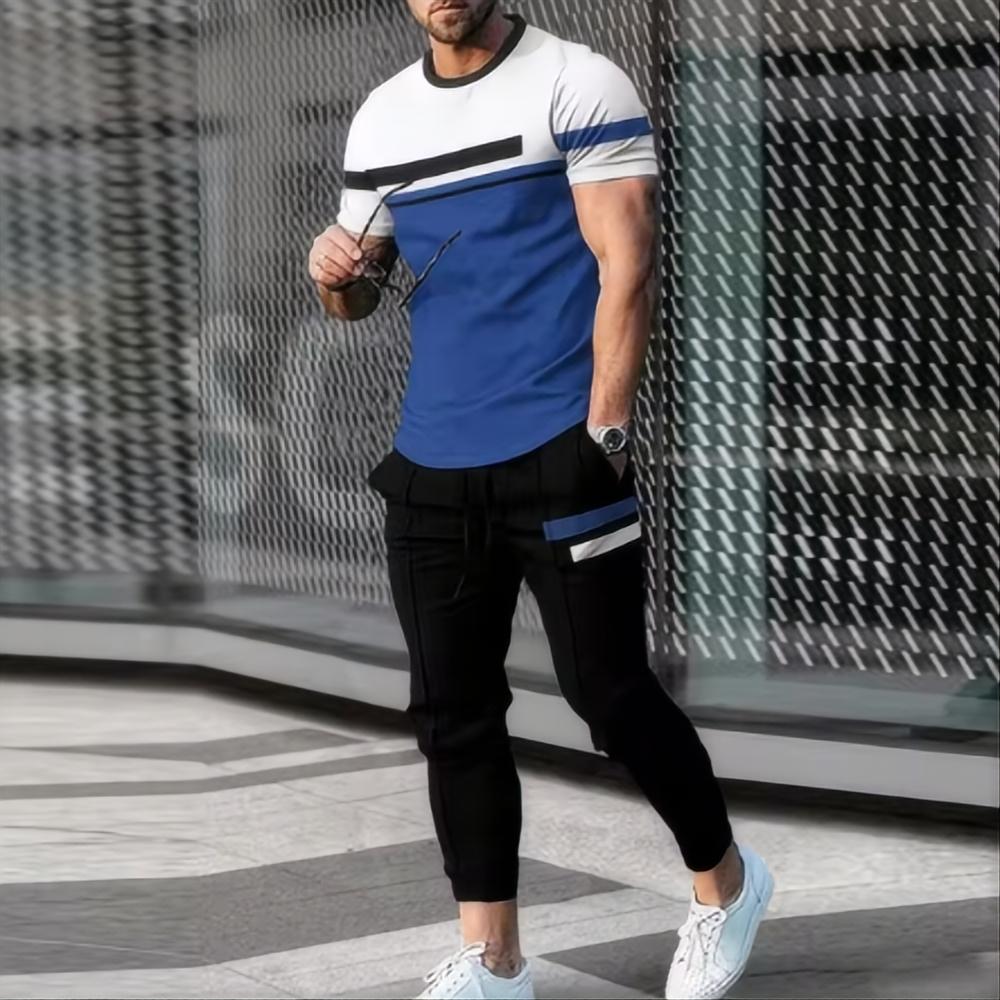 Men's Sports Set Jogging Suit Printed Summer Fashion Fun Short Sleeved Men's T Shirt Pants Set