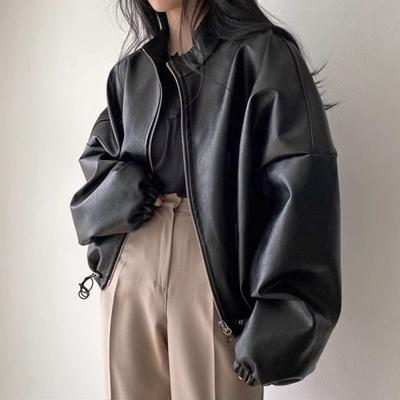 Autumn Winter Street Style Vintage Loose Casual Fashion PU Leather Coat Women Pocket Jacket Cardigan Top