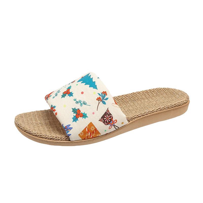 Four Seasons Home Large Size Linen Slippers Fashion Printed Thick Bottom Non-slip Sweat-absorbing and Wear-resistant Outsole Couple Hemp Slippers