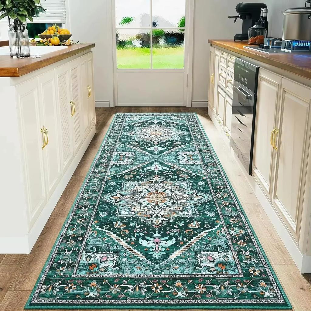 Vintage Geometric Runner Rug Non-slip Washable Durable Carpet for Hallway Kitchen Home Decor Black White Red Blue Green Orange