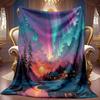 A 2D Aurora Snowscape Cabin Themed Flannel Blanket, Featuring Soft High-definition Digital Printing, a Cooling Blanket Suitable for All Seasons! Made 