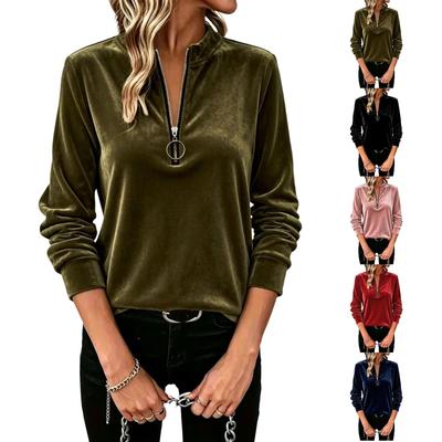 Kadın Rahat Kadife Sweatshirt, Uzun Kollu Boyunlu Kazak