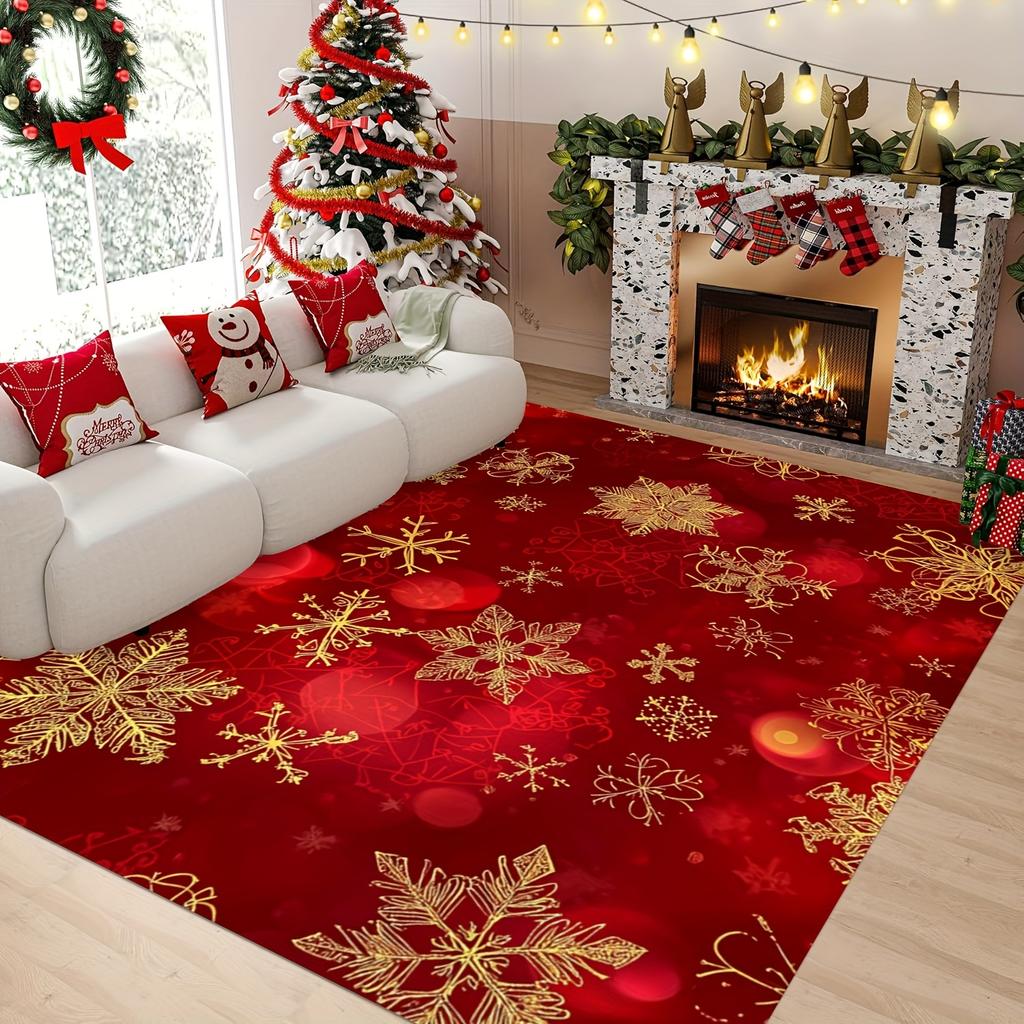 Golden Snowflake Christmas Area Mat - Soft, Absorbent Polyester Mat with Festive Red and Golden Design for Living Room, Bedroom,