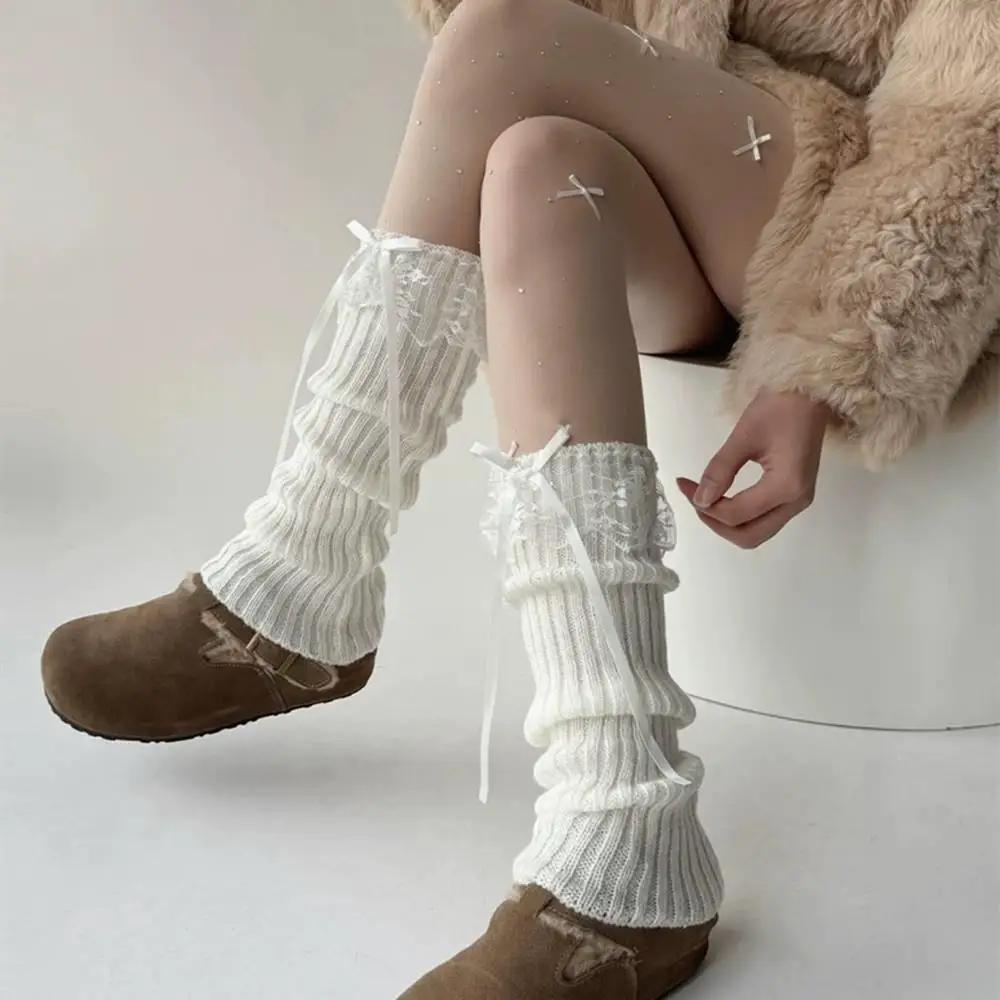 Y2K Japanese Lolita Girls Lace Bow Leg Warmer Women Knitted Warm Foot Cover Black White Knee Warmers Long Socks Jk Crochet Socks