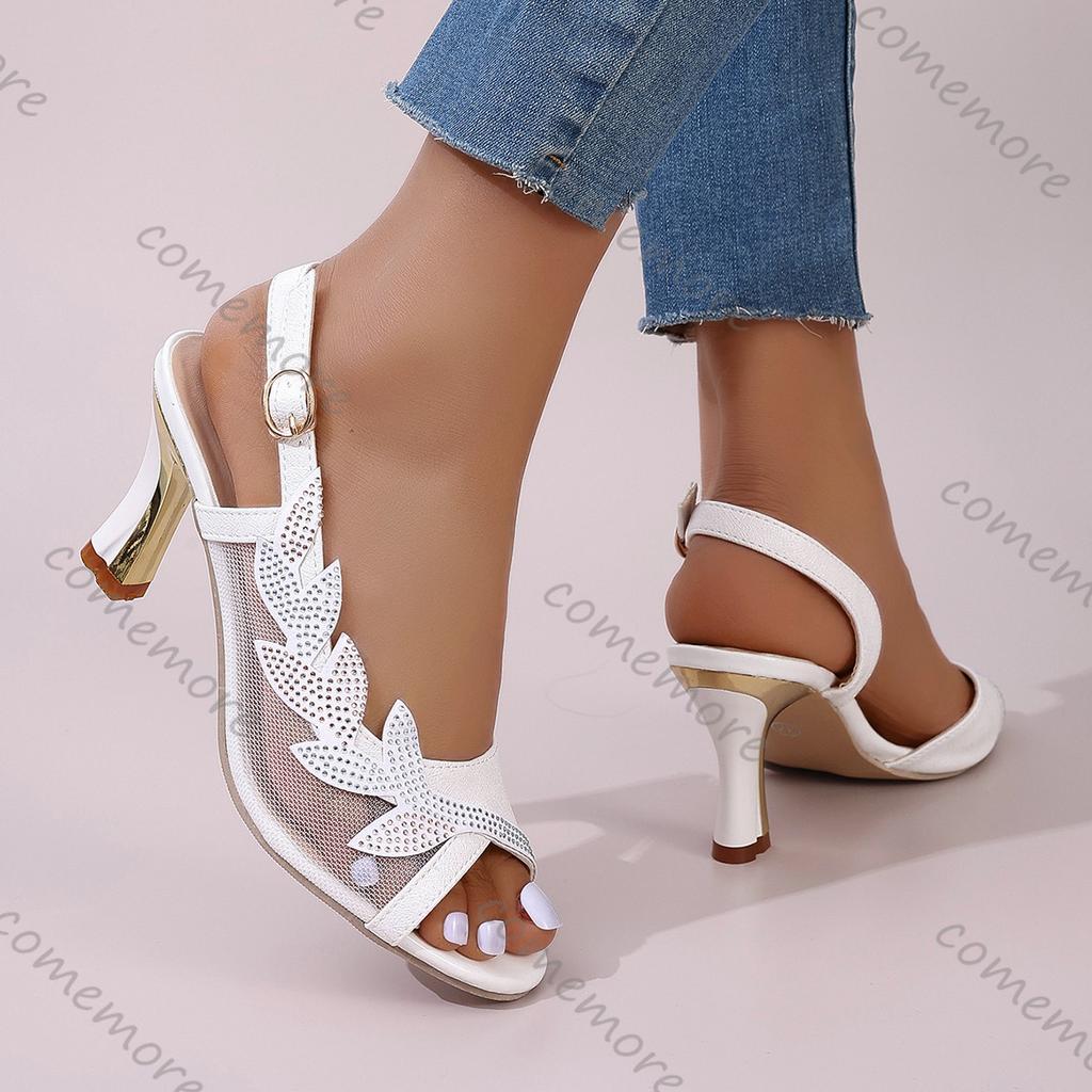 Fashion Comemore High-heeled Sandals Fashion Mesh Rhinestone Fish Mouth Summer Shoes for Women Large Size Side Hollow Roman Sandales