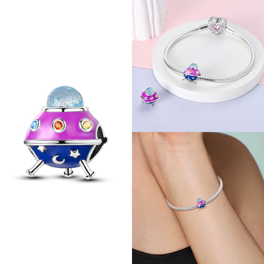 Original Blue Star Spaceship Heart Charms 925 Silver Beads for Women DIY Bracelet Necklace Jewelry Gift