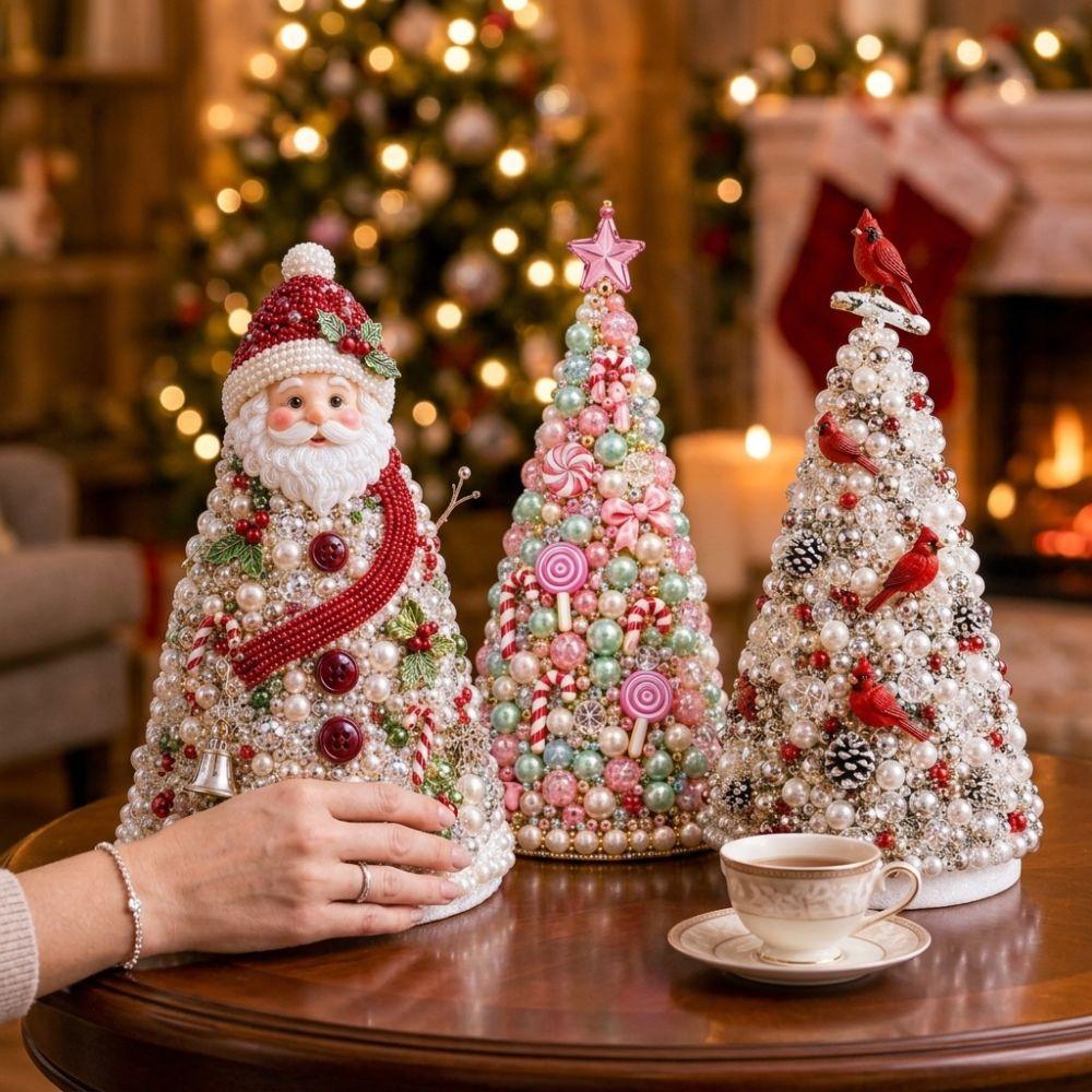Colorful Beads DIY Beaded Christmas Tree Kit Educational Handmade Tabletop Christmas Tree Set Star Topper Faux Pearl