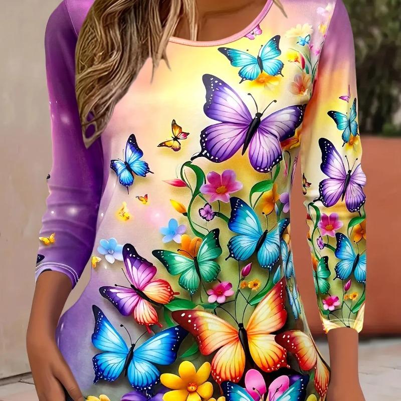 Women's Long Sleeve Colorful Butterfly Pattern T Shirts Tops Autumn Fashion  Women's Top Harajuku Fun Pullover Tshirt