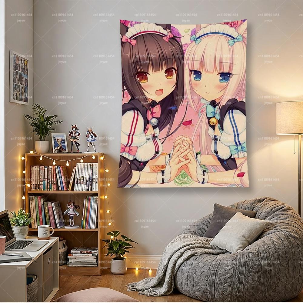 Nekopara Chocola & Vanilla Tapestry, Anime Cat Maid Girls Wall Hanging, Pink Floral Kawaii Bedroom & Dorm Decor, Soft Fabric