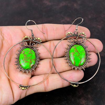 Copper Green Turquoise Earring Copper Wire Wrapped Jewelry Gemstone Handmade Earring Birthstone Jewelry Anniversary Gift Copper Wire Earring