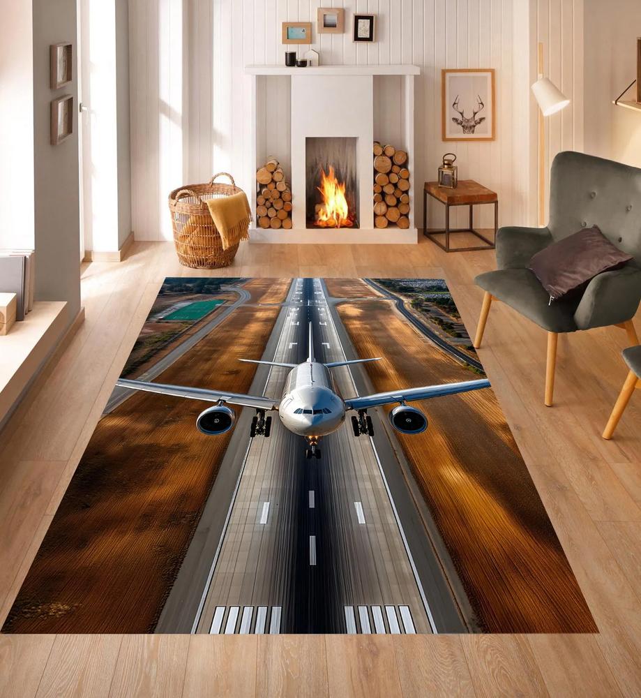 Airplane Runway 2D Print Area Rug Flannel Washable Floor Mat for Kids Bedroom Playroom Living Room Aviation Theme Home Decor