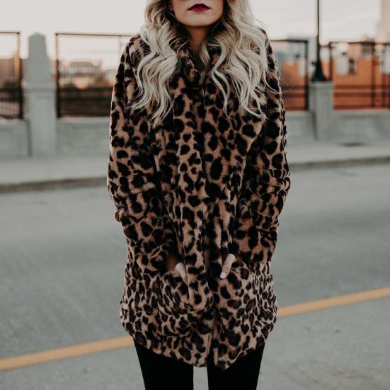 Luxury Women Long Sleeve Lapel Collar Print Woolen Leopard Thick Warm Midi Coat