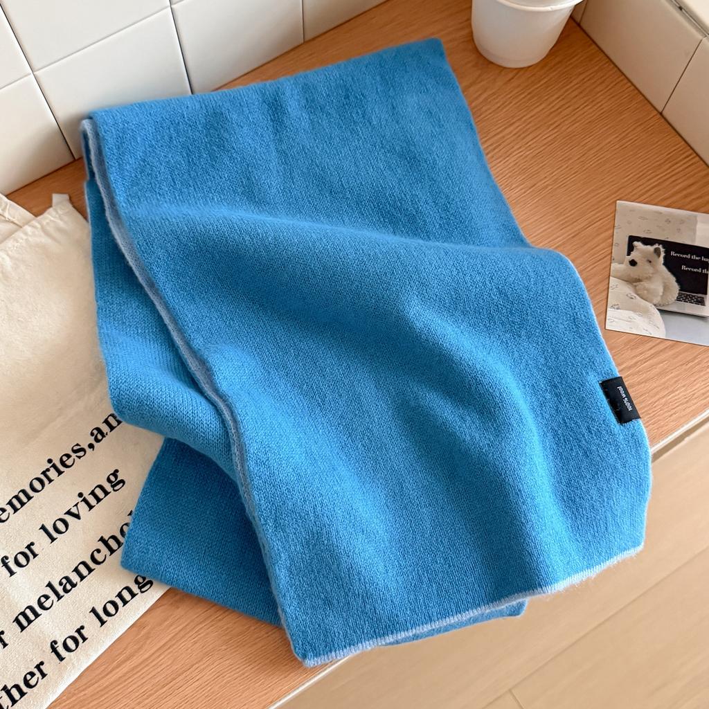 Age-reducing Korean version of blue polka dot double-sided pure knitted scarf for women's winter versatile students thickened warm scarf
