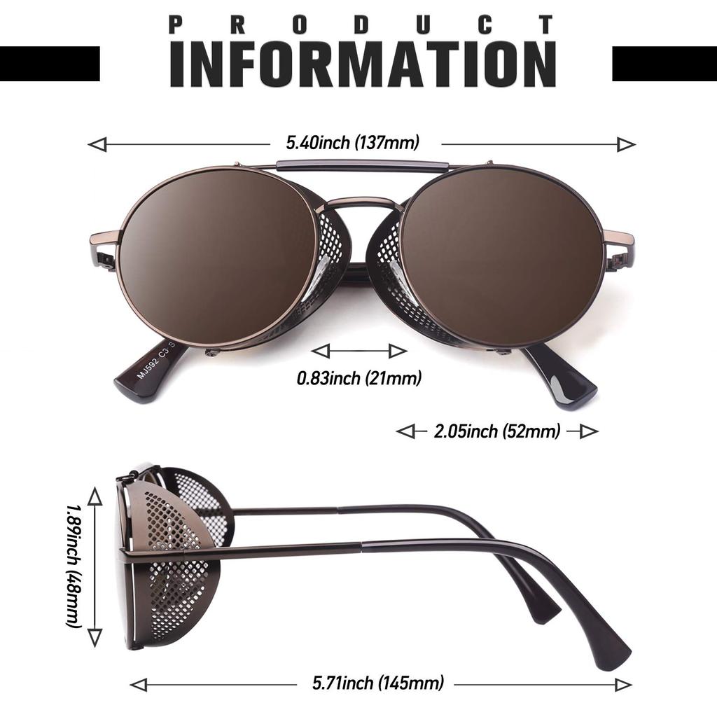 Retro Round Polarized Steampunk Sunglasses for Men and Women, Side Shield Goggles, Gothic S92 - Advanced Polarization, Brown Frame Brown Polarized